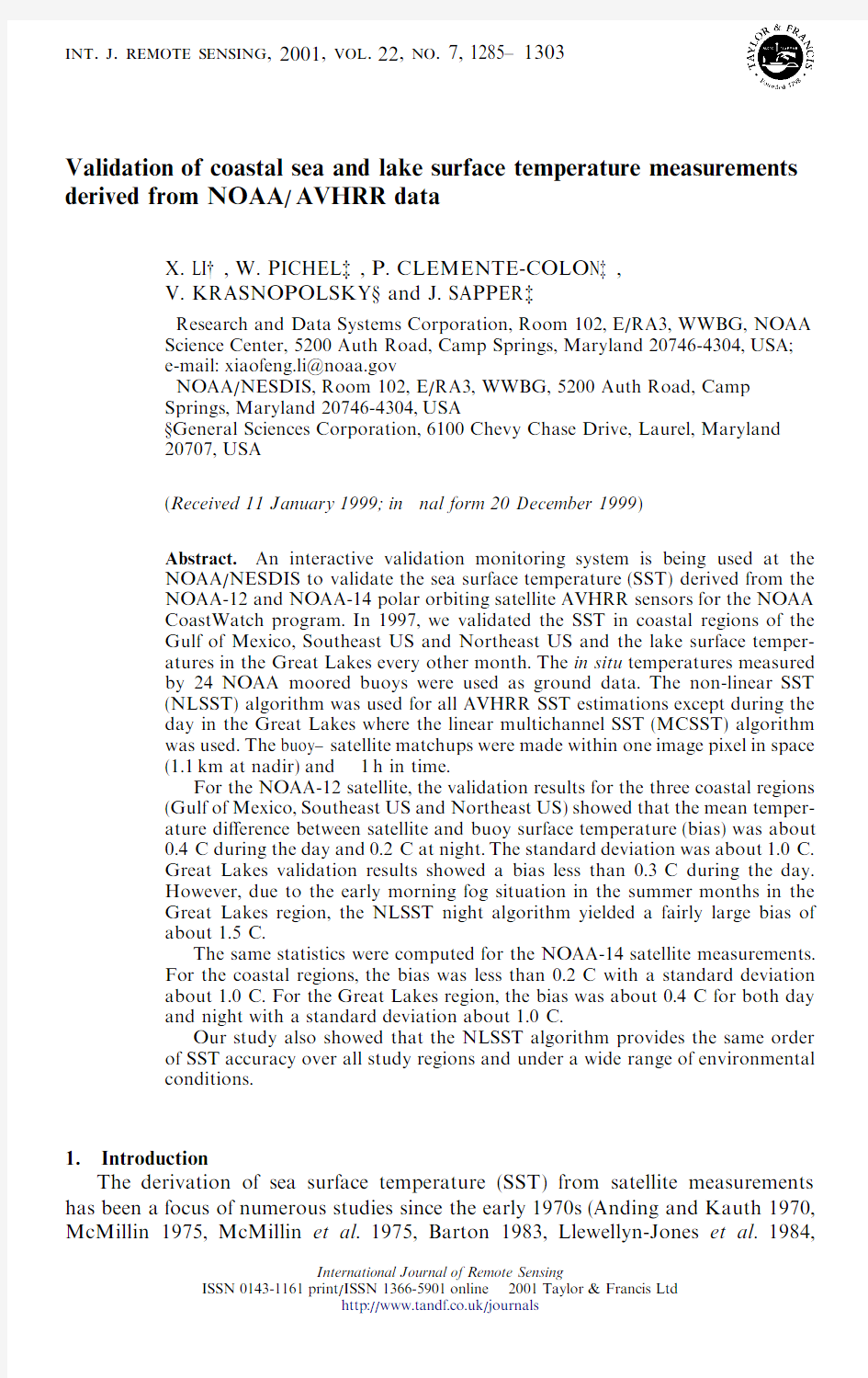 Validation of coastal sea and lake surface temperature measurements derived from NOAAAVHRR