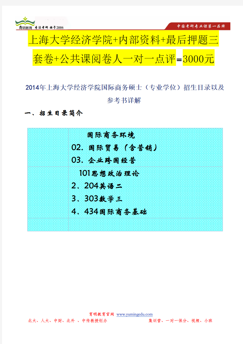 2014年上海大学经济学院国际商务硕士(专业学位)招生目录以及参考书详解