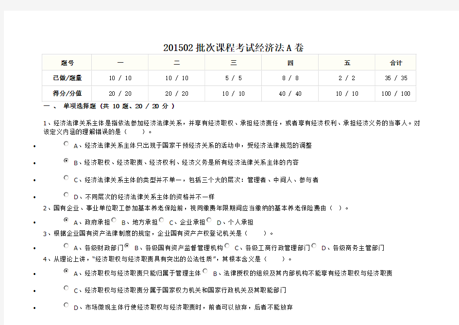 201502批次课程考试经济法A卷分