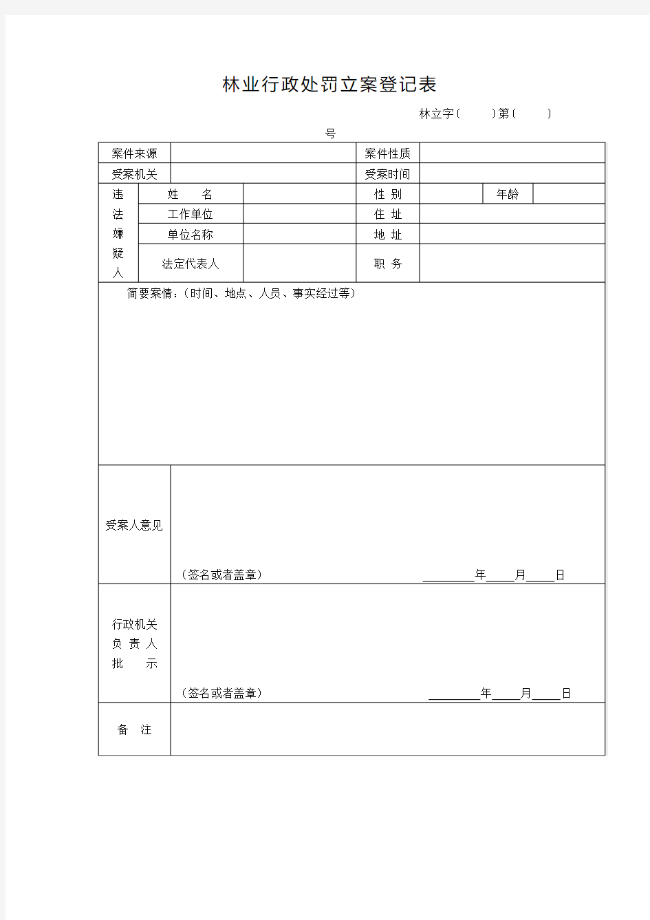 行政处罚立案登记表