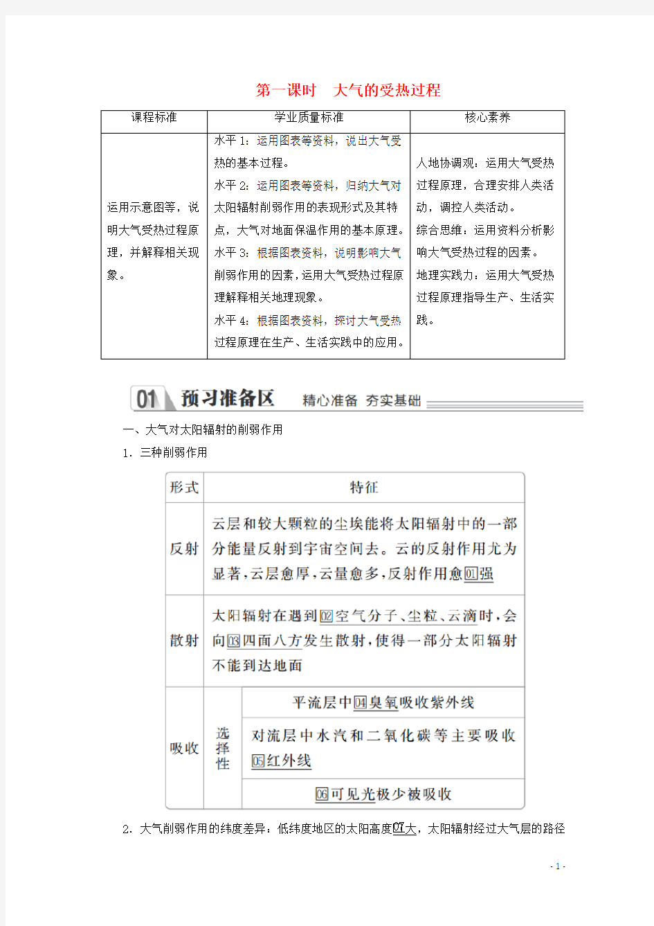 高中地理第二章第三节大气受热过程与热力环流第一课时大气的受热过程教学案中图版必修第一册