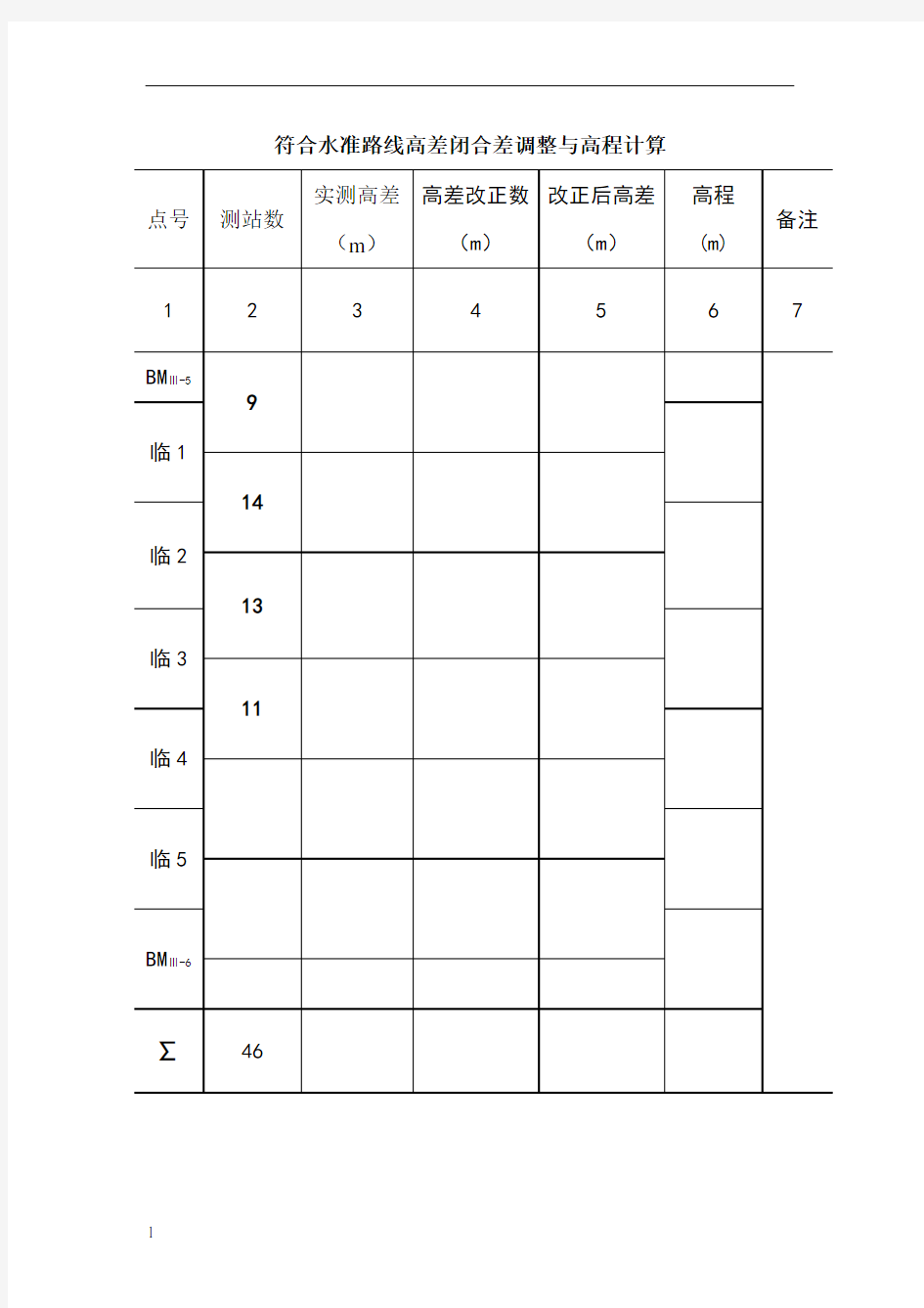 符合水准路线高差闭合差调整与高程计算