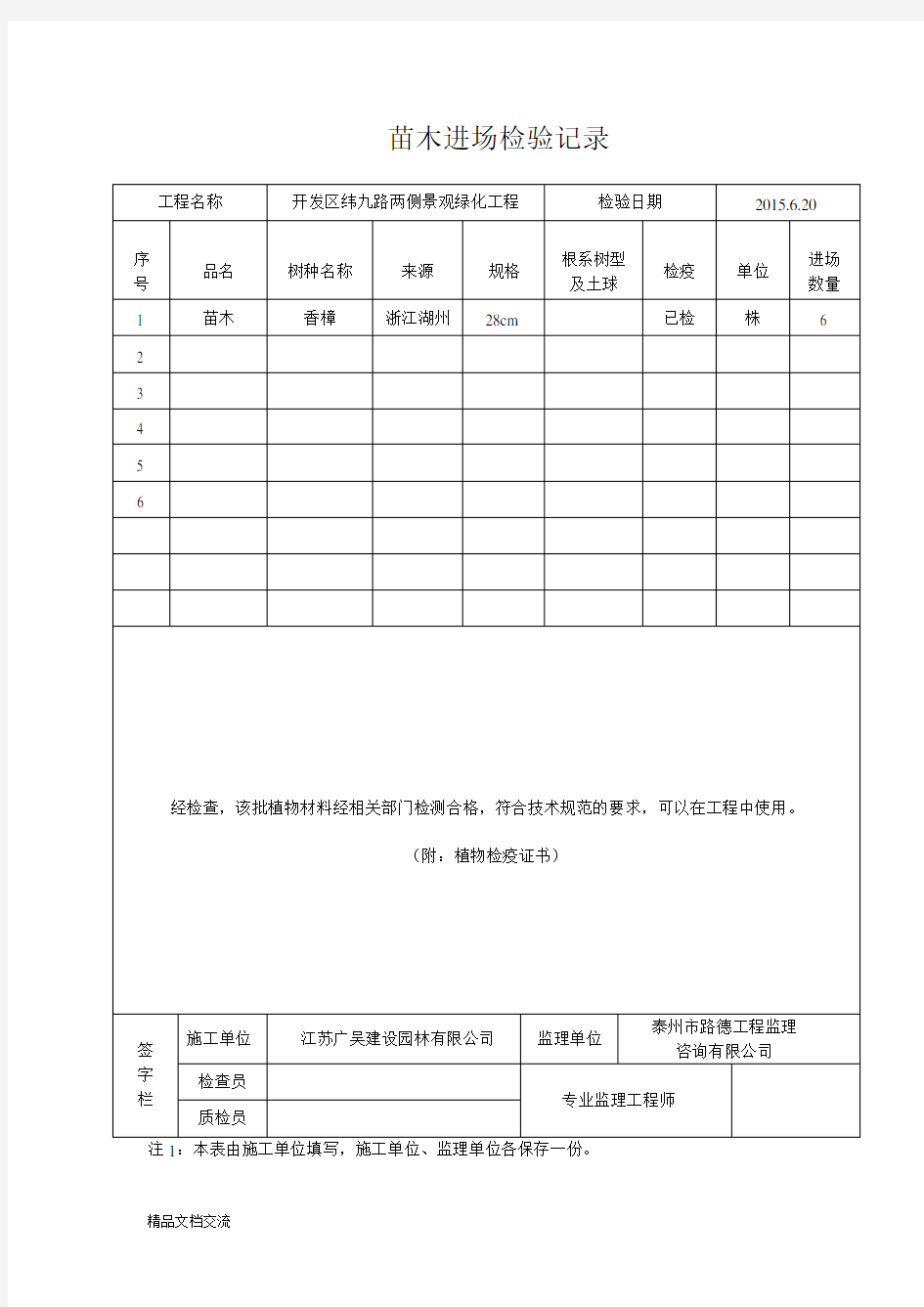 苗木进场检验记录