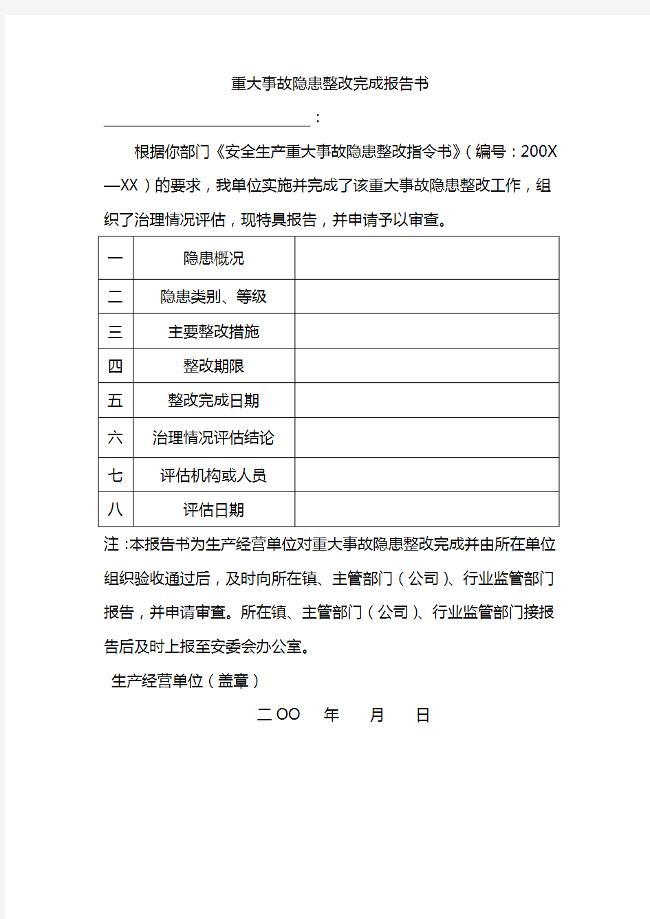 重大事故隐患整改完成报告书