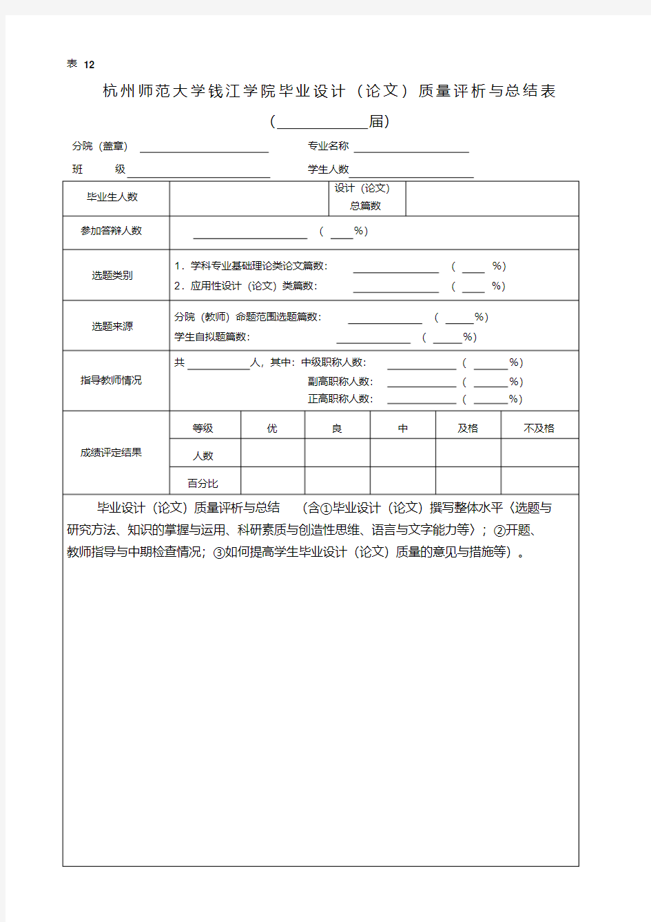 杭州师范大学钱江学院毕业设计(论文)质量评析与总结表