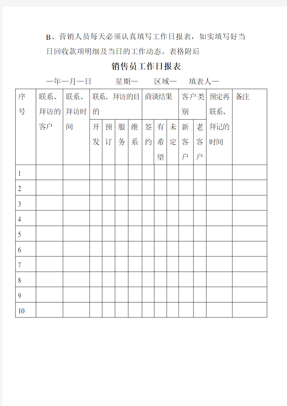 销售员工作日报表