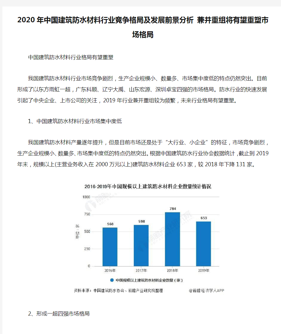 2020年中国建筑防水材料行业竞争格局及发展前景分析 兼并重组将有望重塑市场格局