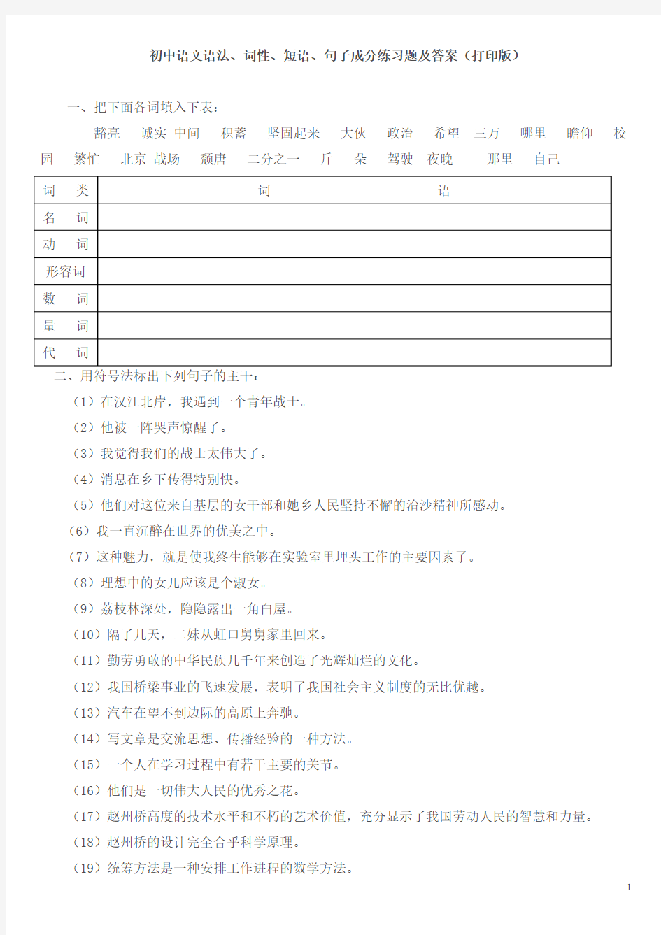 (完整版)初中语文语法、词性、短语、句子成分练习题及答案(打印版)