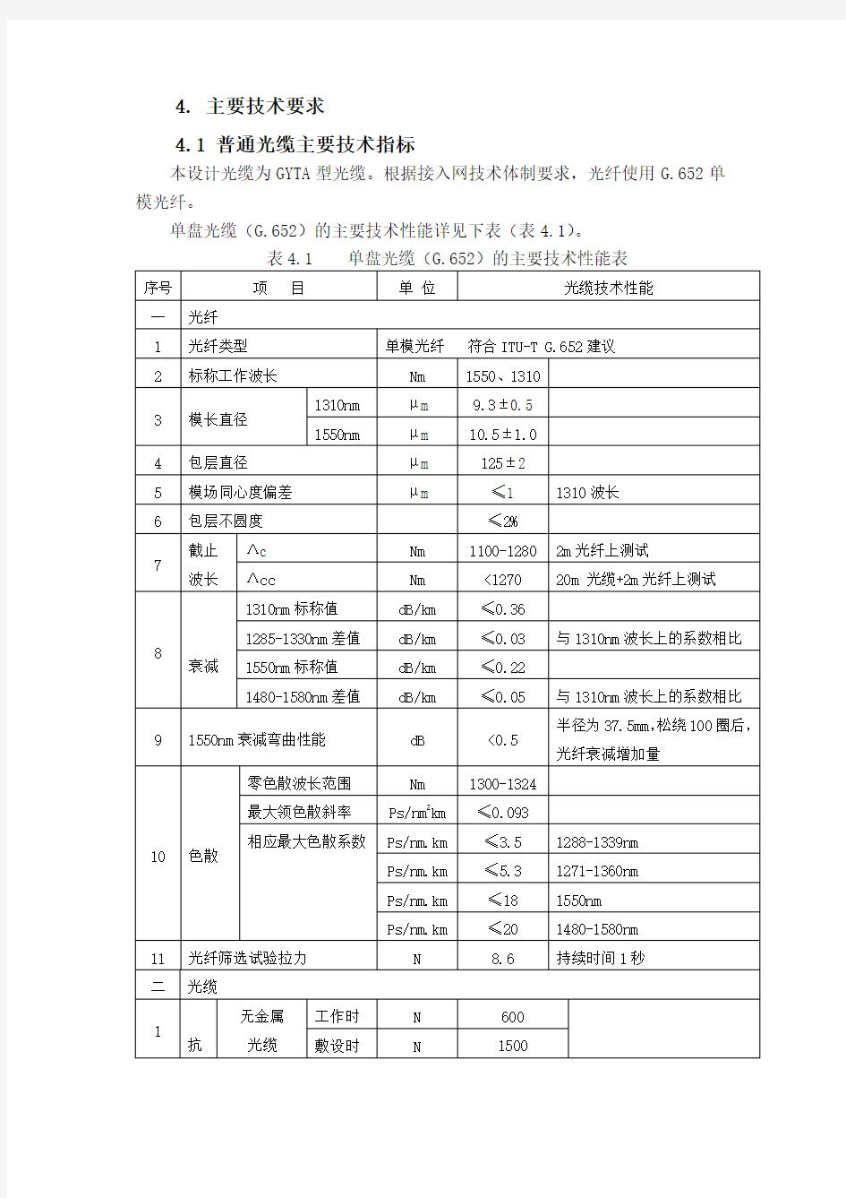 光缆技术参数