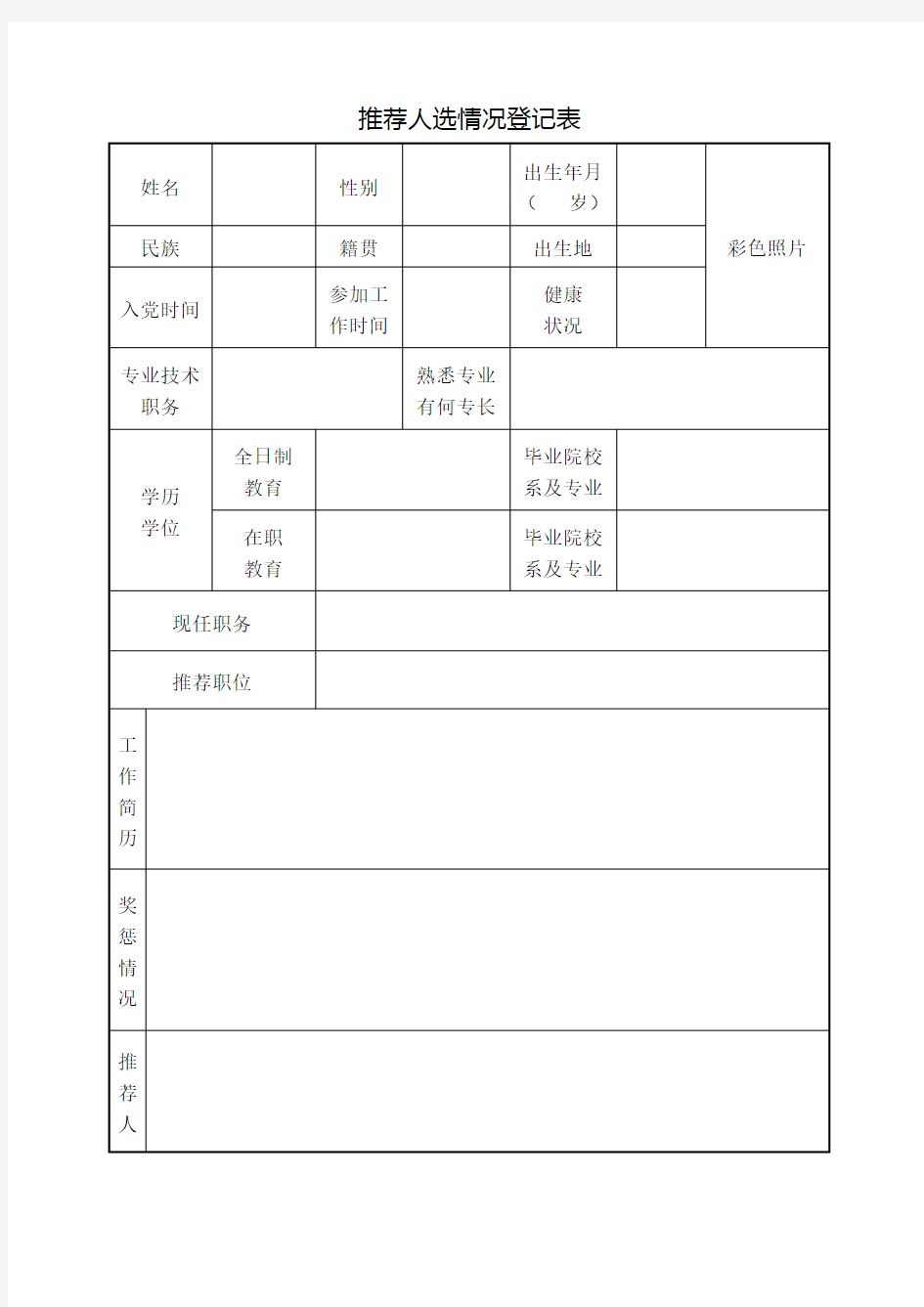 推荐人选情况登记表