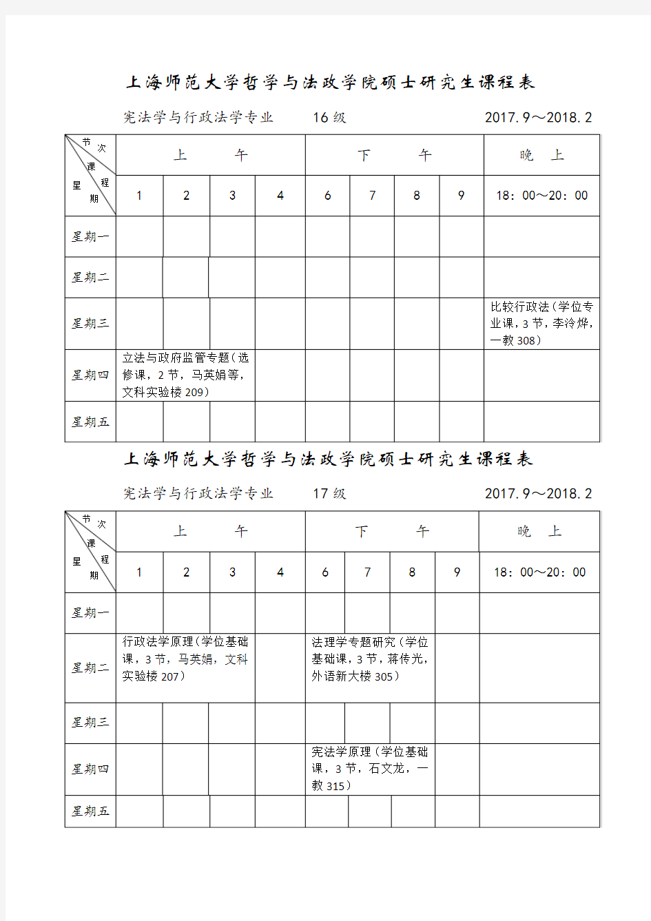 上海师范大学哲学学院硕士研究生课程表