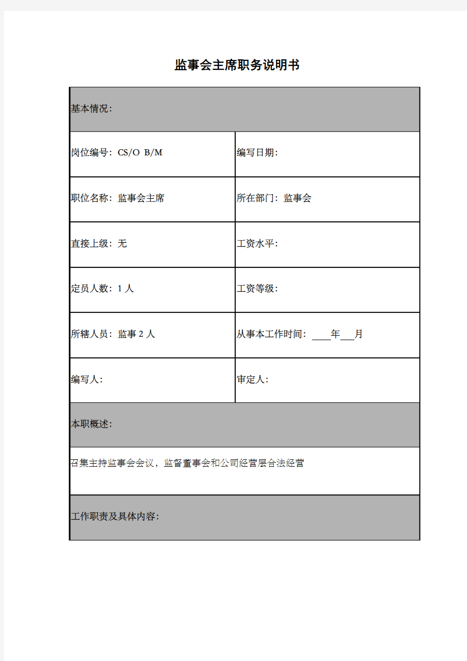 监事会主席职务说明书