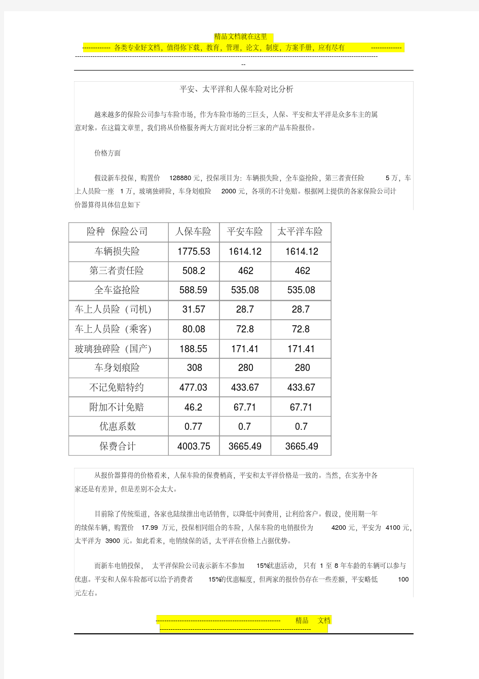 三大保险公司车险对比分析