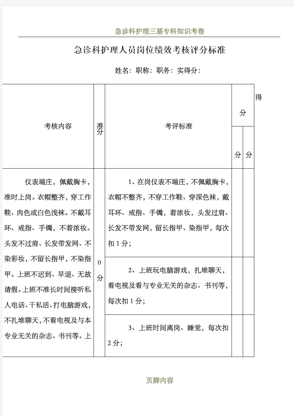 急诊科护理人员绩效考评表