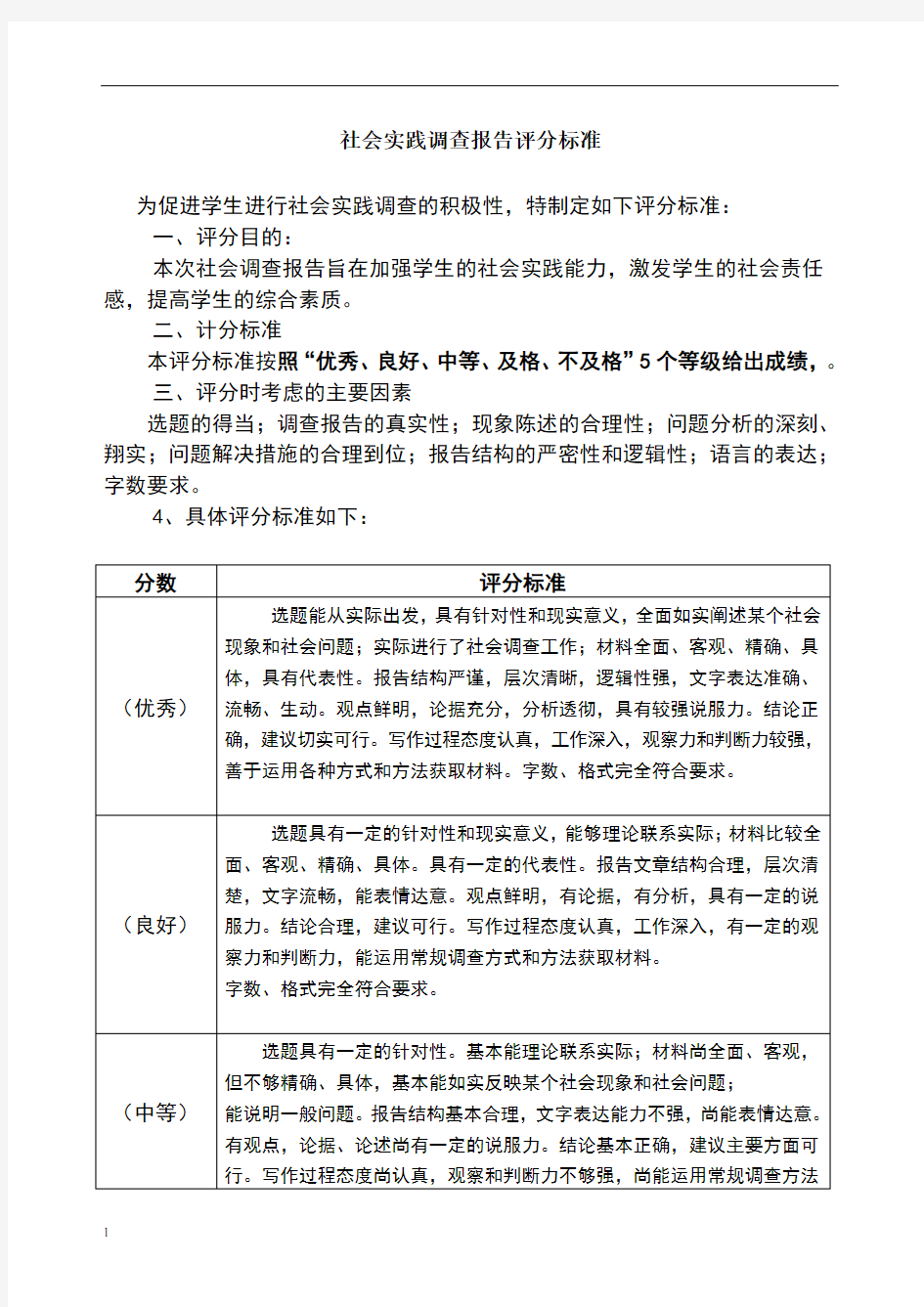 社会实践报告评分标准