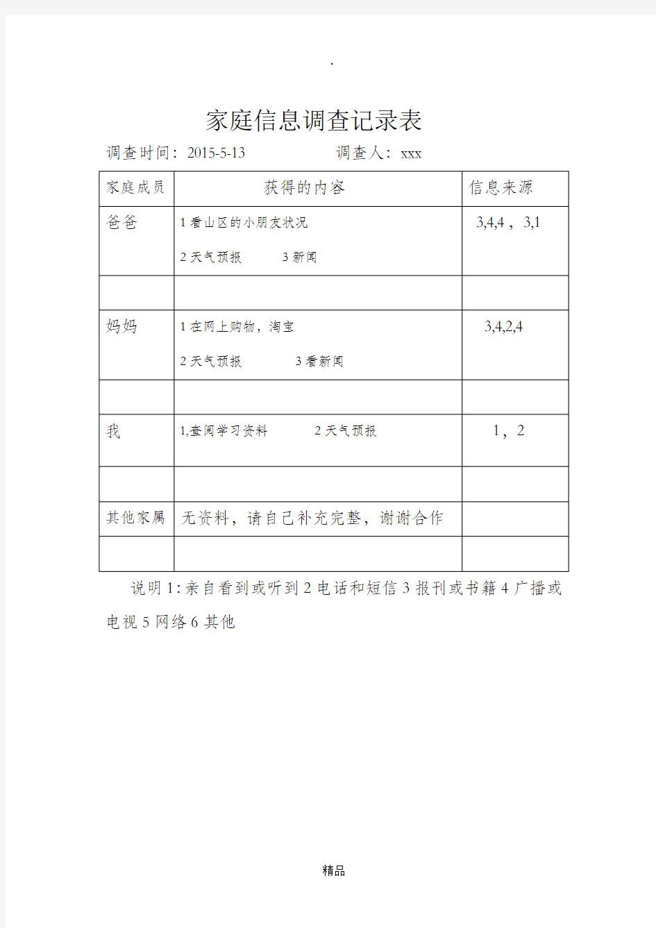 家庭信息调查记录表