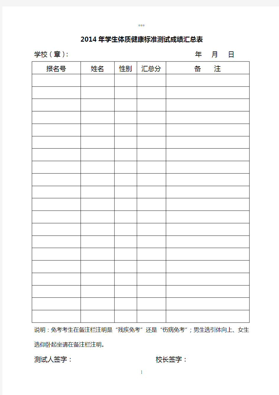 体育考试健康标准分测试表