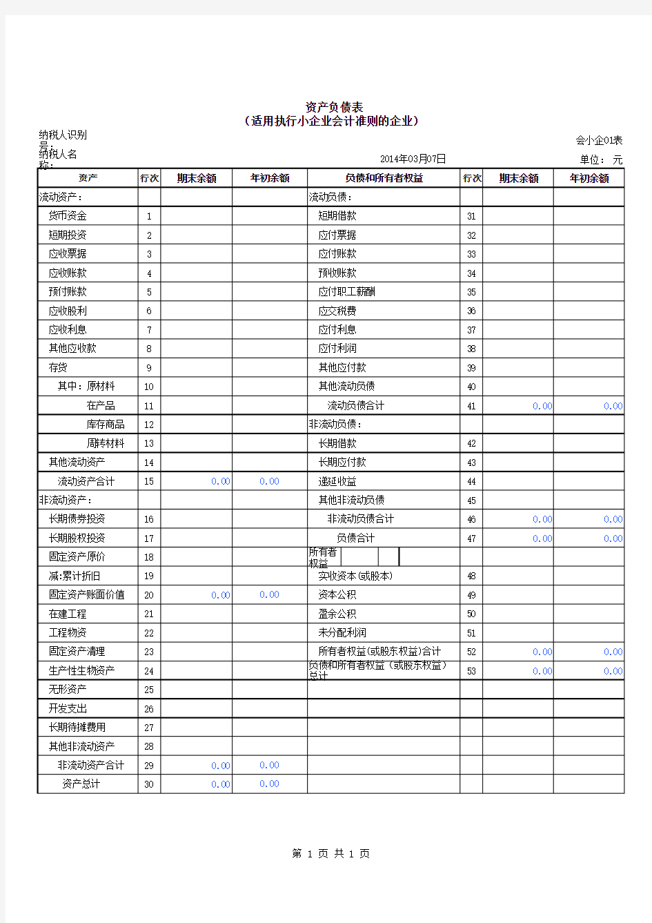 小企业会计准则财务报表模板