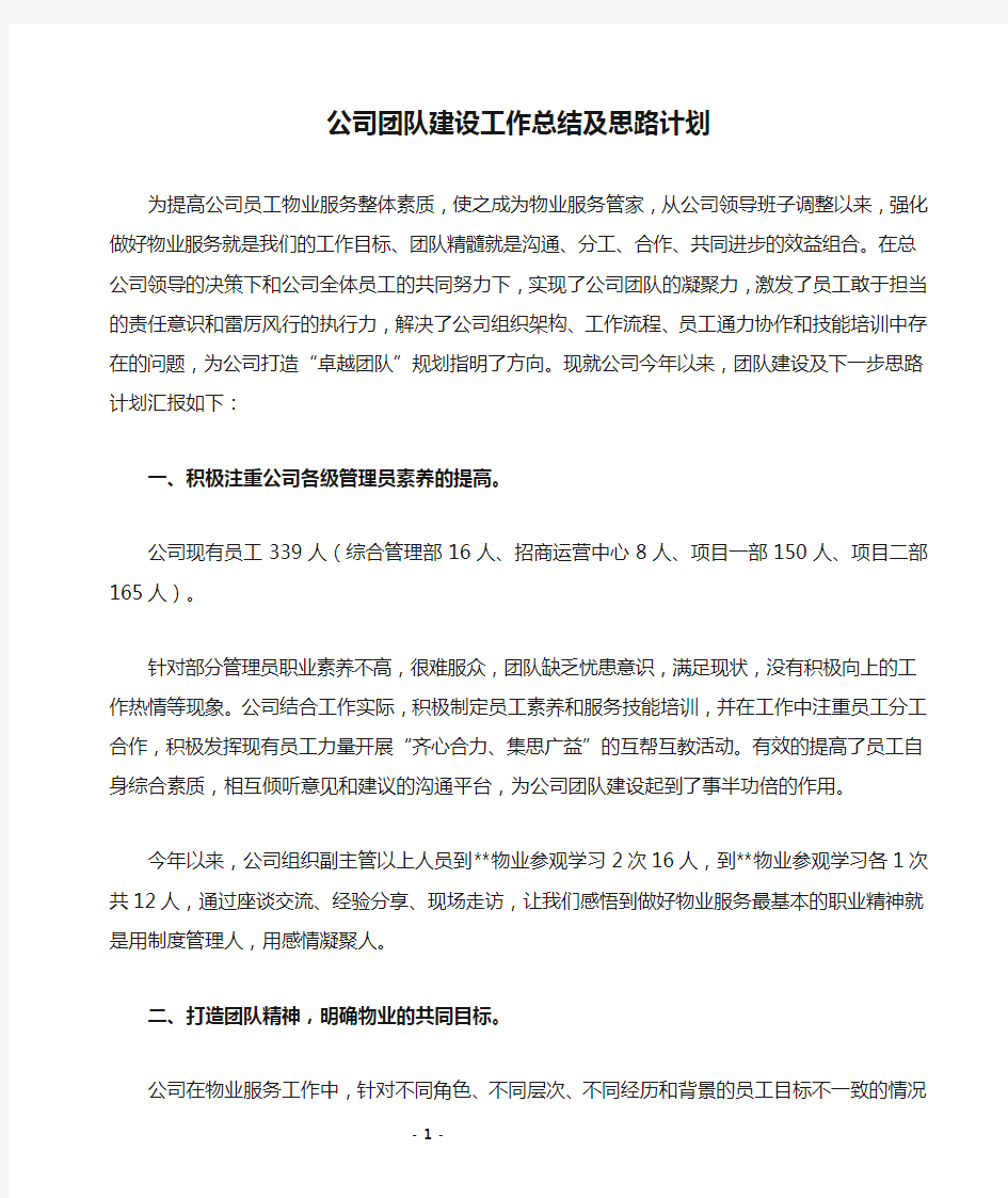 公司团队建设工作总结及思路计划