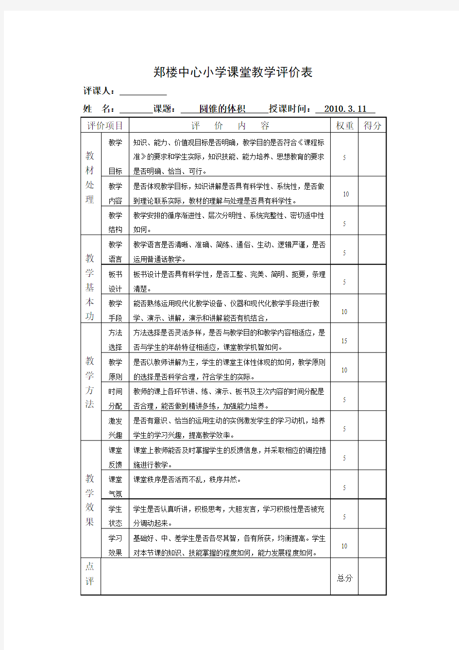 《圆锥的体积》评价表