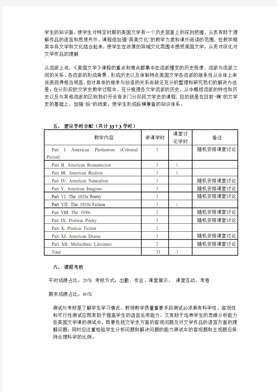 美国文学教学大纲