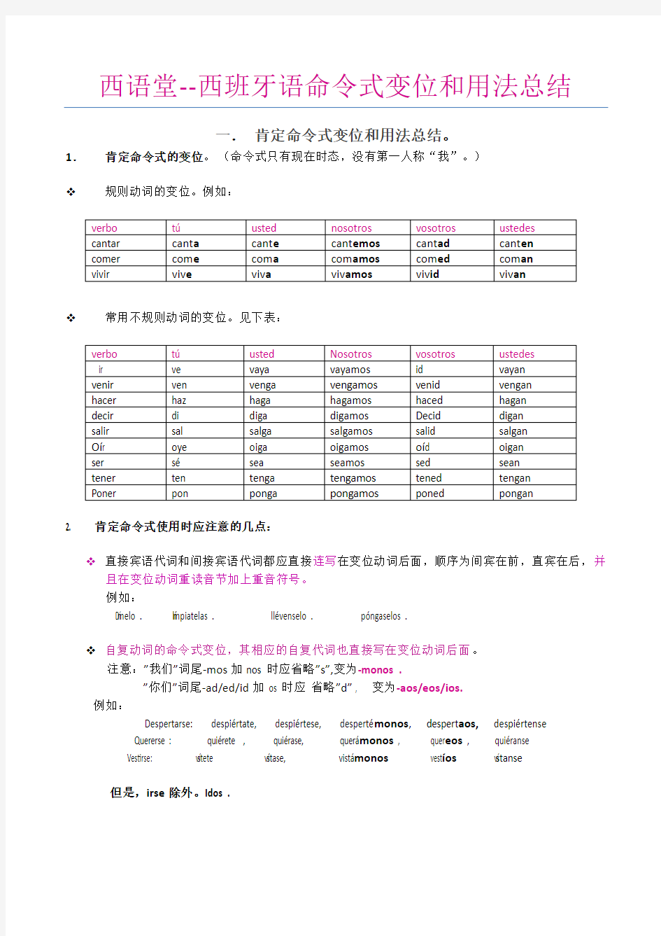 西班牙语命令式变位和用法总结