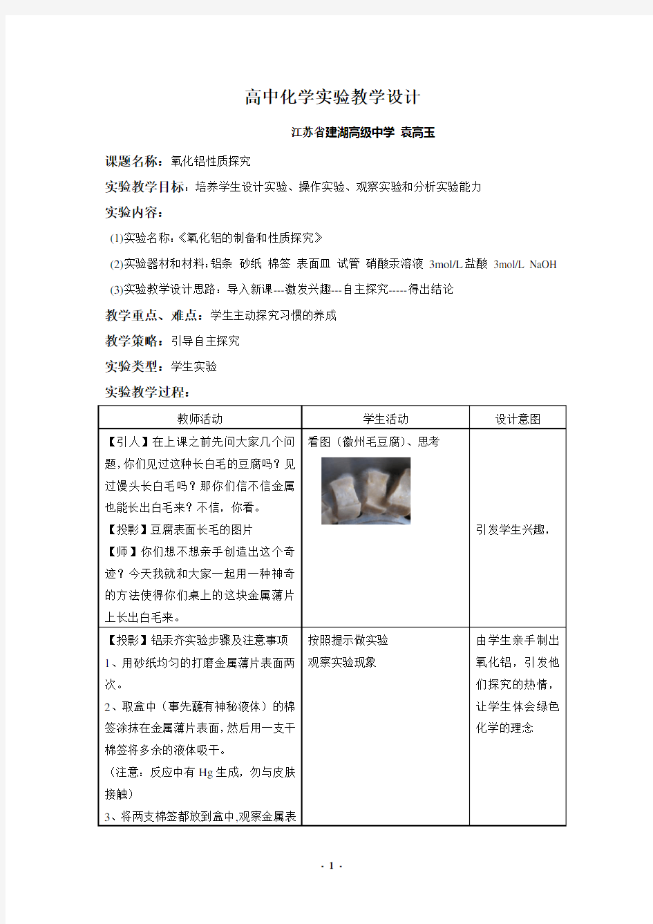 高中化学实验教学设计