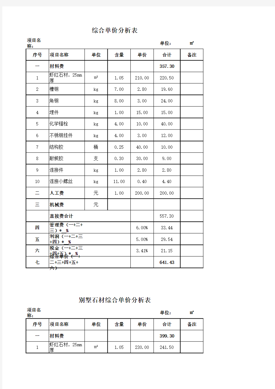 石材报价明细