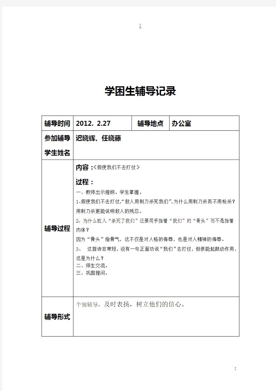 初中语文学困生辅导记录表
