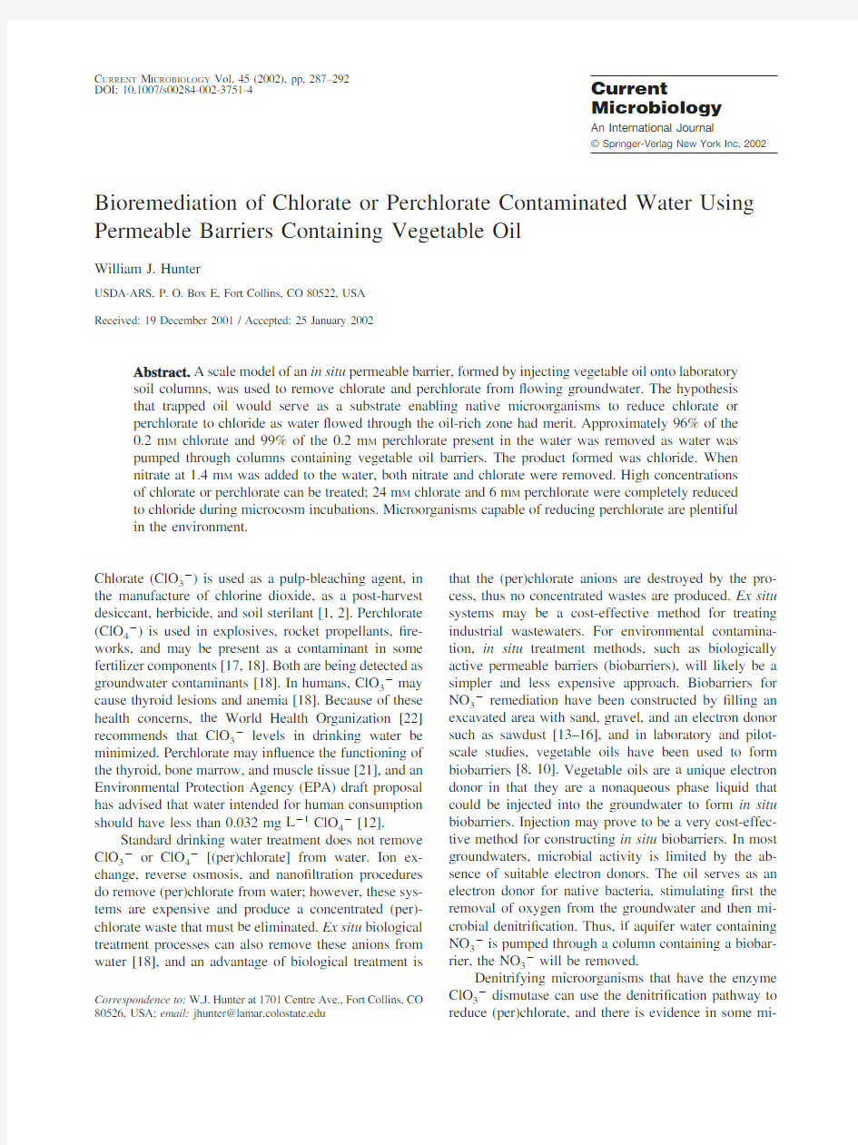 Bioremediation of Chlorate or Perchlorate Contaminated Water Using Permeable Barriers Containing Veg