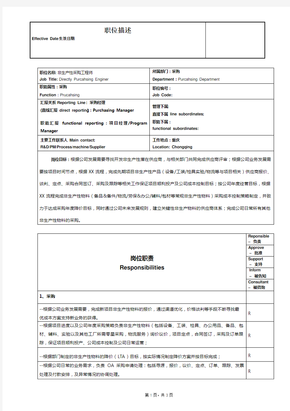 职位描述非生产性物料采购工程师(JD)