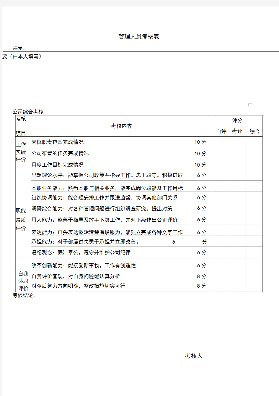 公司管理层考核表