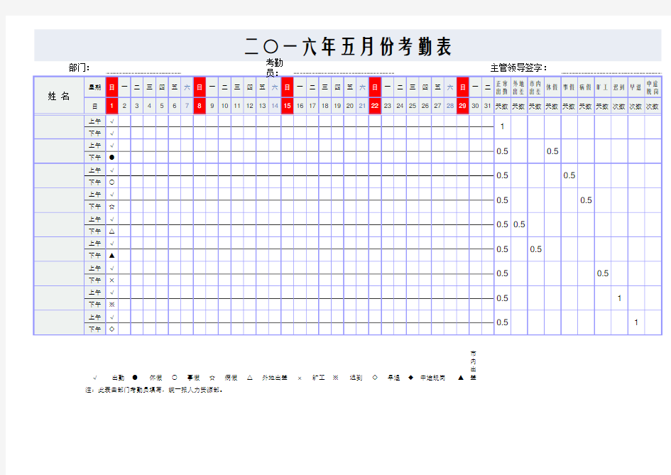Excel-考勤表模板-电子版自动统计考勤表公式