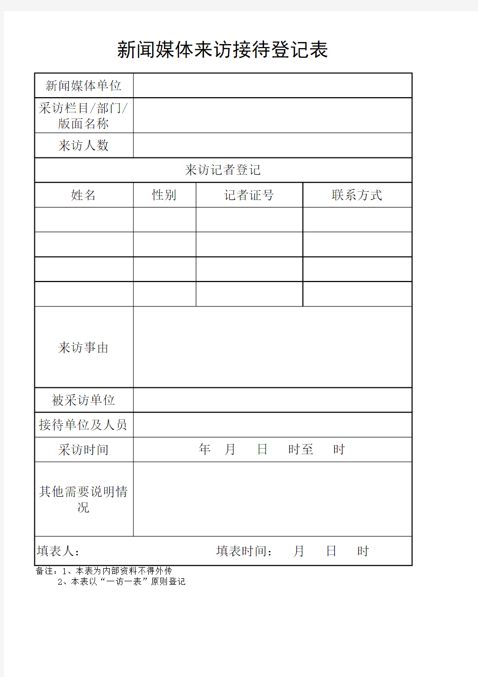 新闻媒体来访登记表