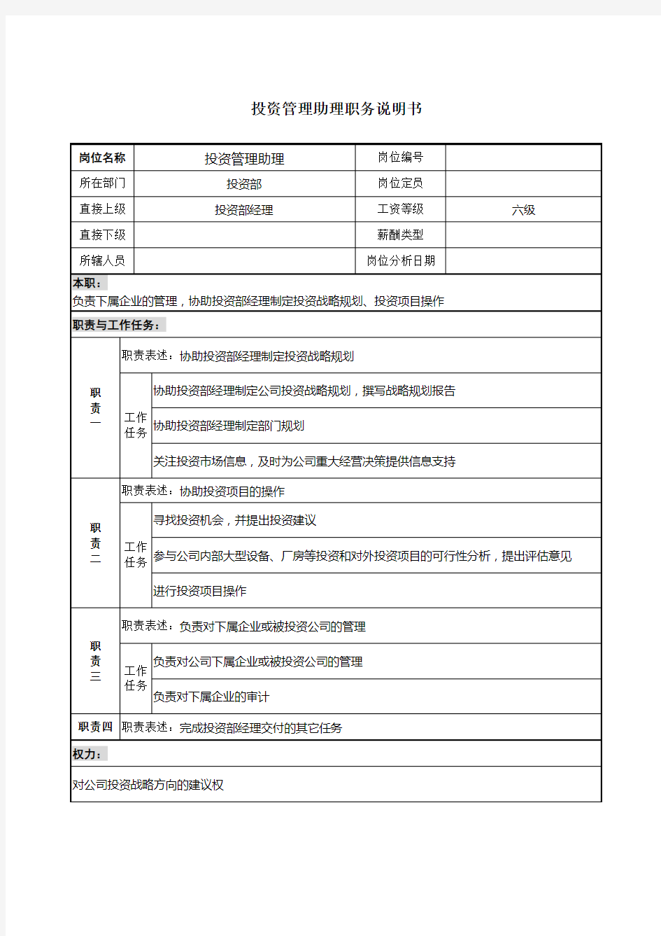 投资部投资管理助理岗位职责