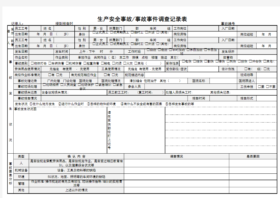 工厂生产安全事故调查记录表