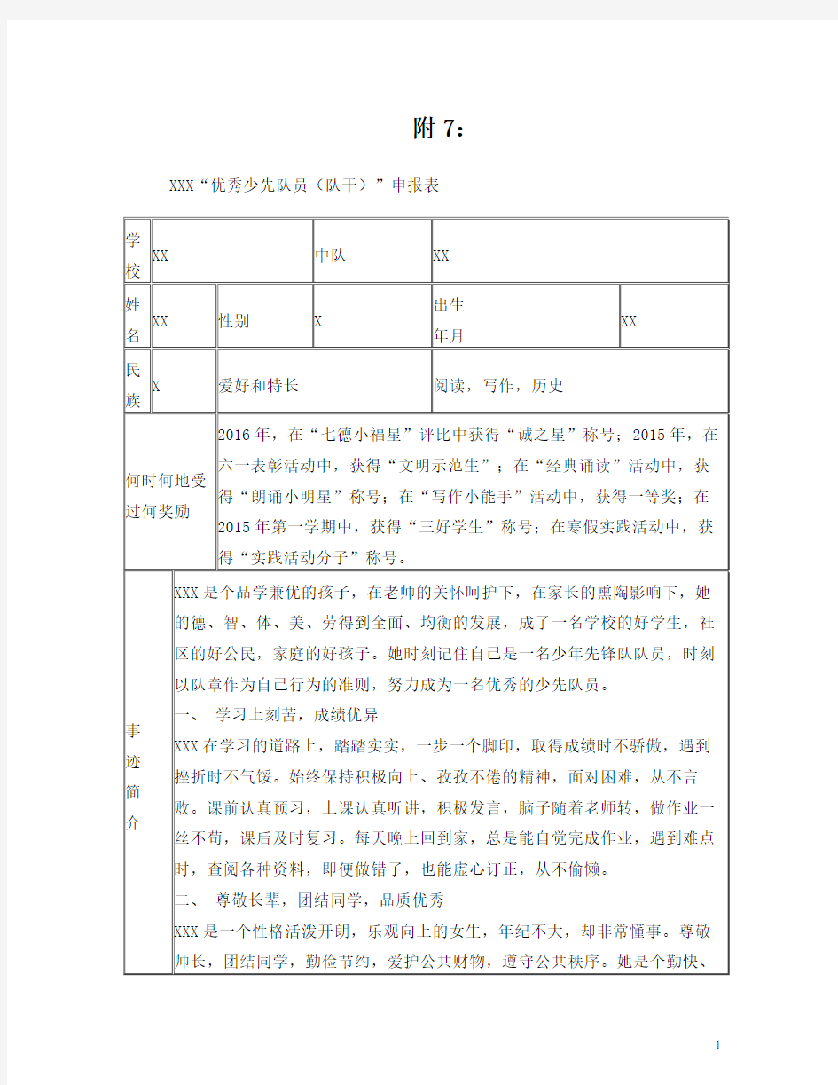 XXX优秀少先队员(队干)申报表