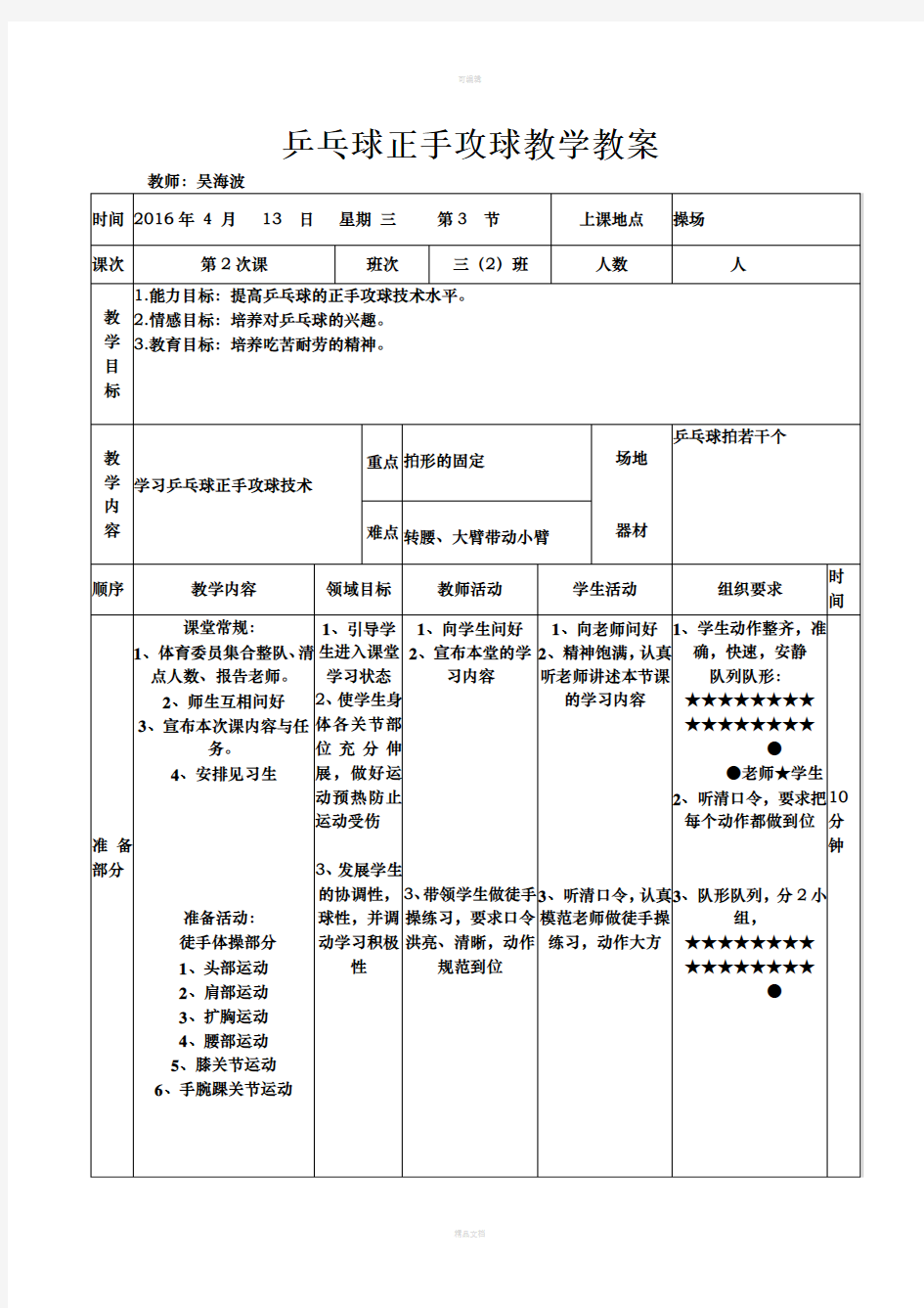 乒乓球正手攻球技术教案