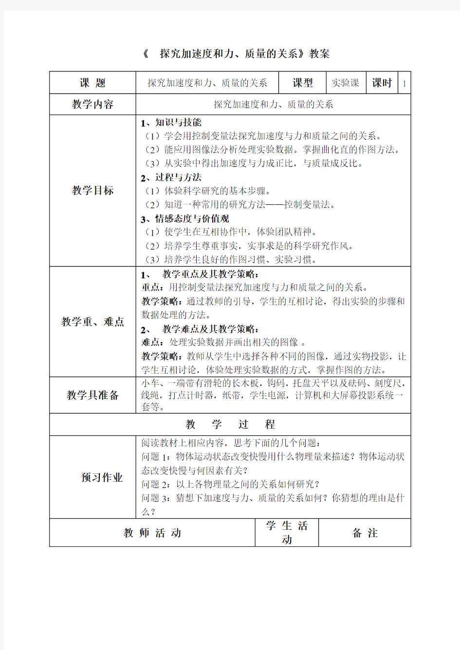 探究加速度和力、质量的关系