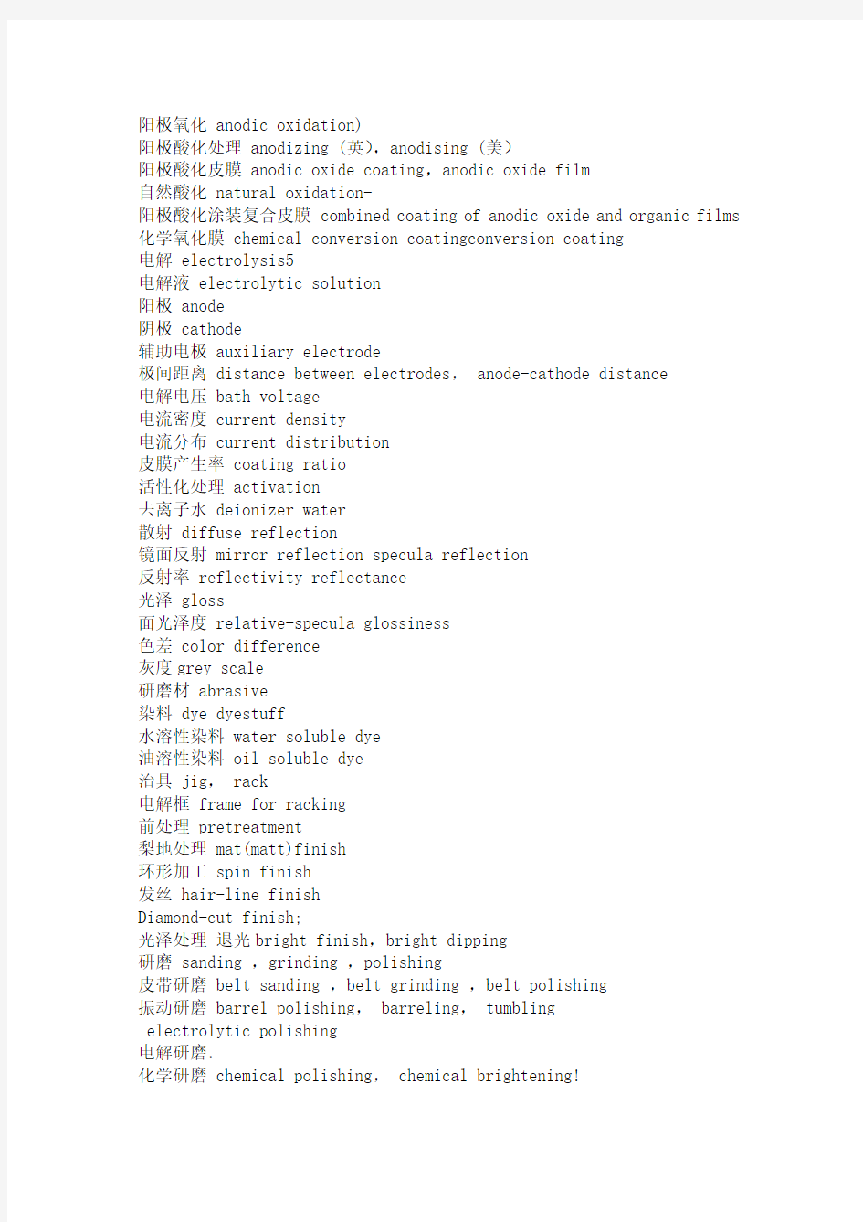 关于表面处理专业词汇的中英文对照