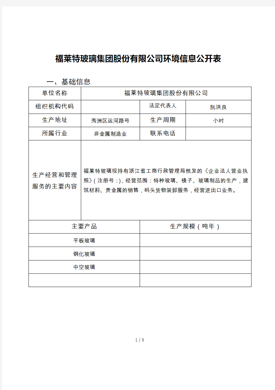 福莱特玻璃集团股份有限公司环境信息公开表