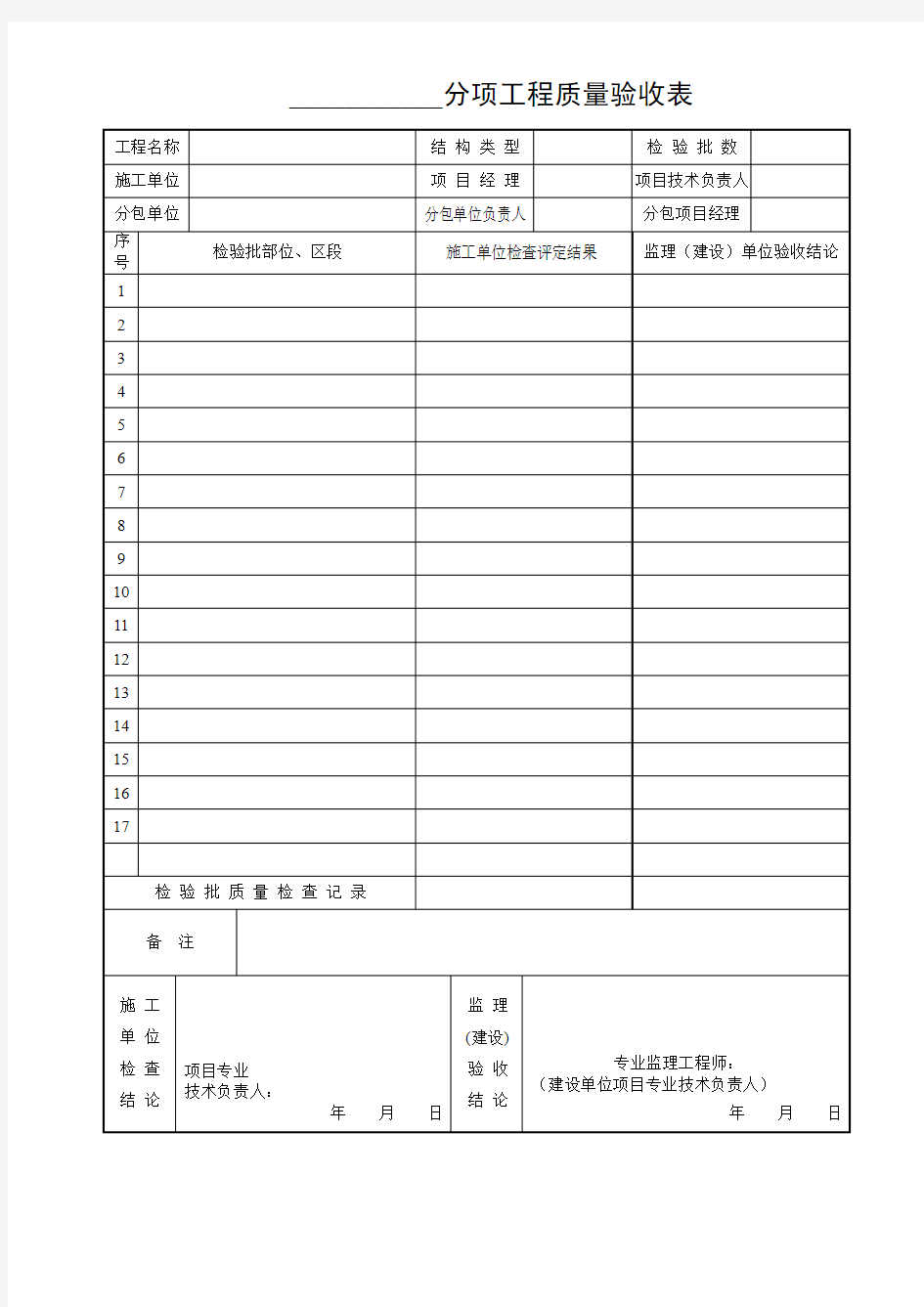 分项工程质量验收表