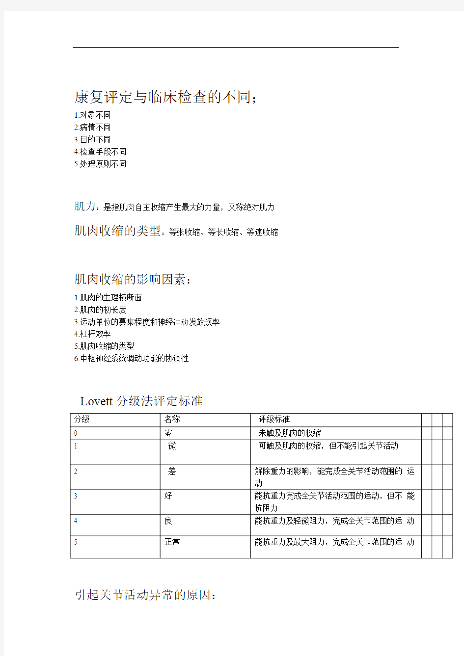 康复评定技术重点考试