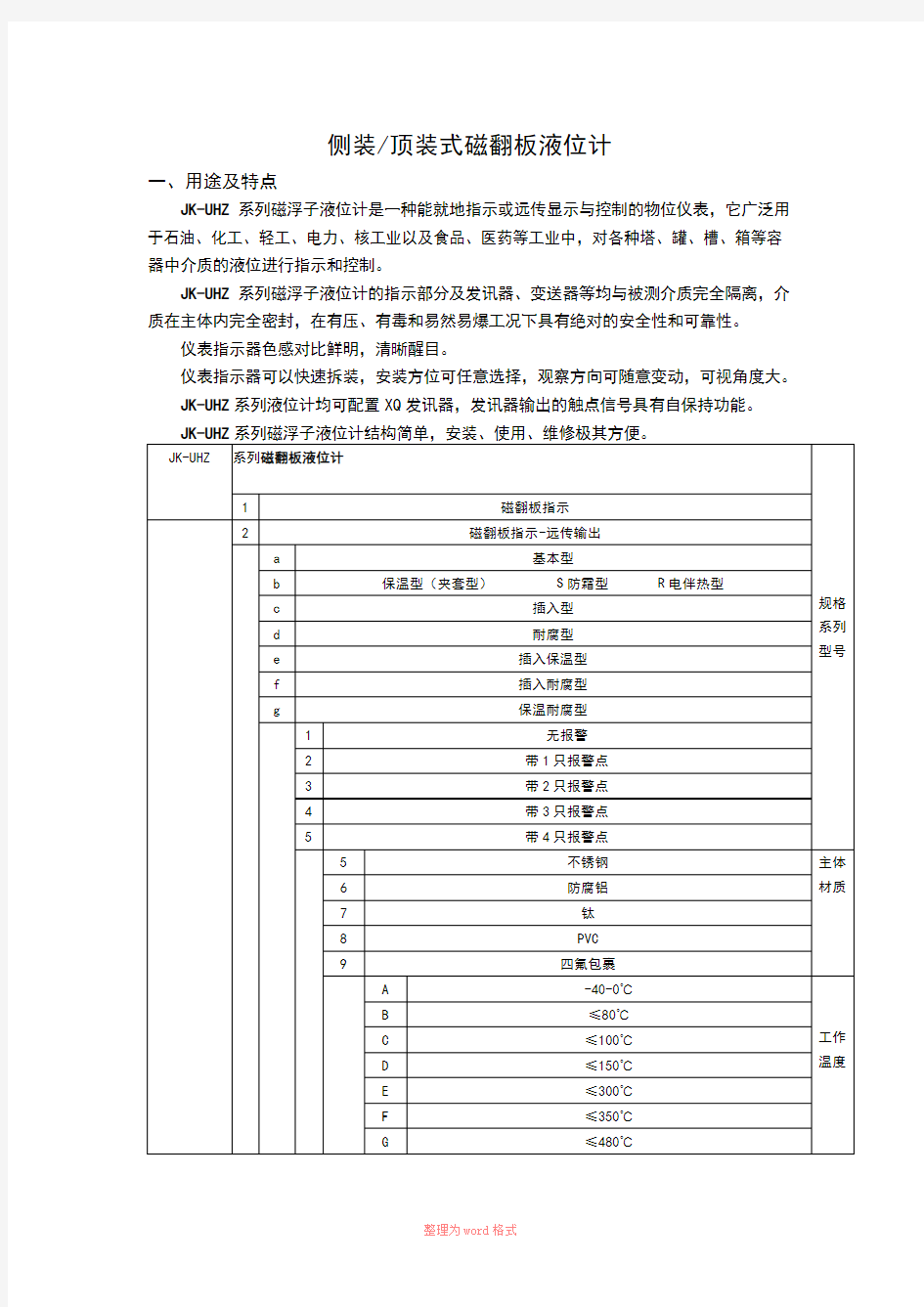 磁翻板液位计简介选型参数表