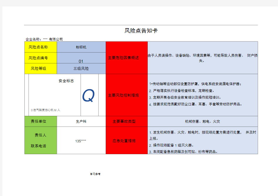 危险源辨识风险点告知卡