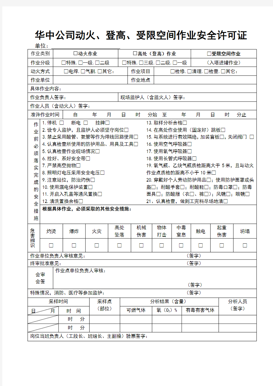 动火、登高、受限空间作业安全许可证