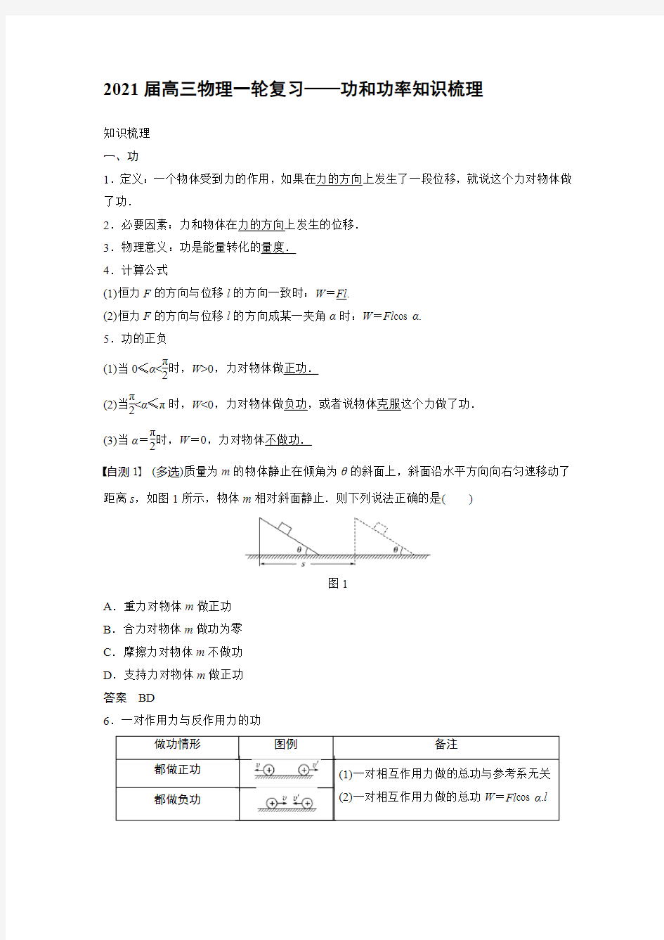 2021届高三物理一轮复习——功和功率知识梳理