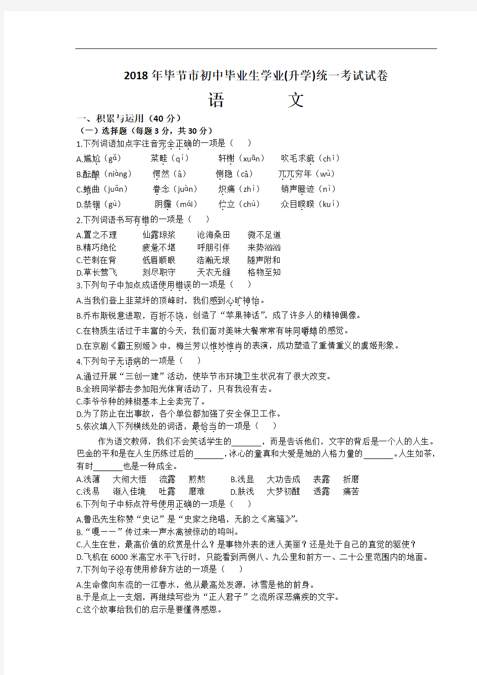 最新-2018年贵州省毕节市中考语文试卷及答案 精品
