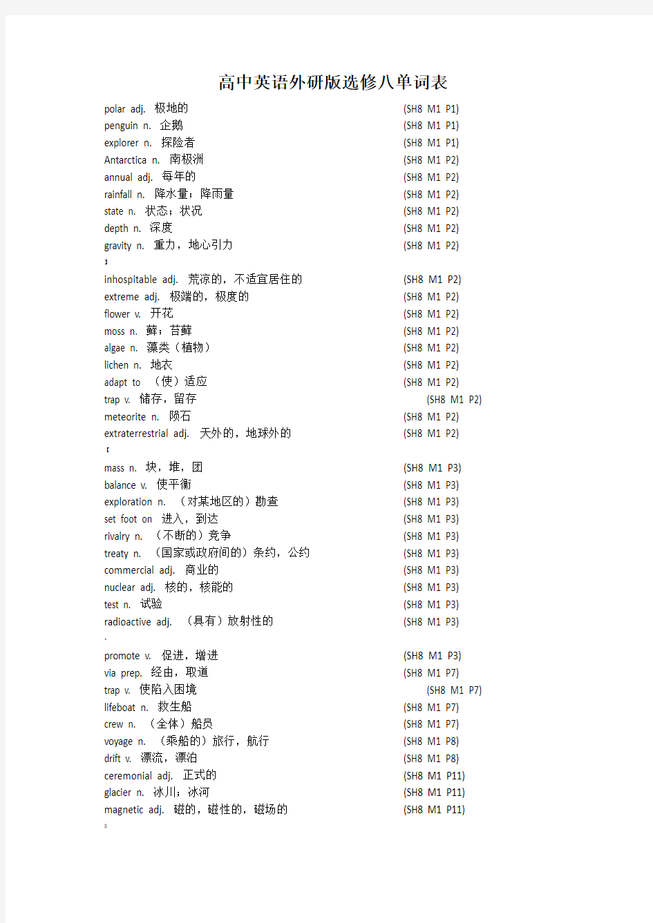 高中英语外研版选修八单词表