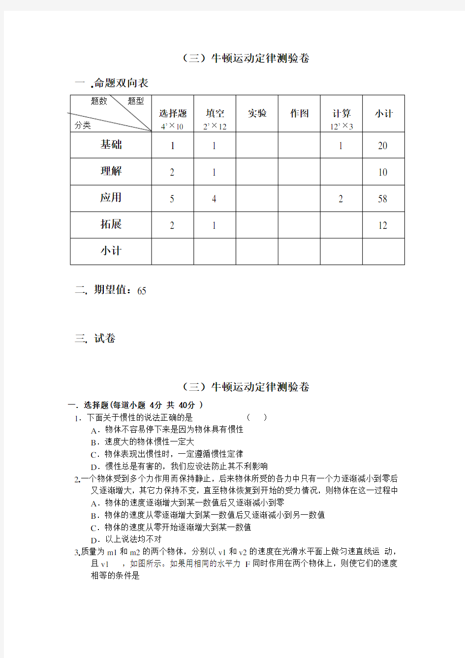 高一物理牛顿运动定律测试题